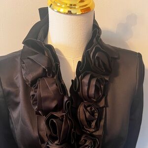 WHITE HOUSE BLACK MARKET Satin Like Rosette Ruffle Coat Black Size 4 Versatile